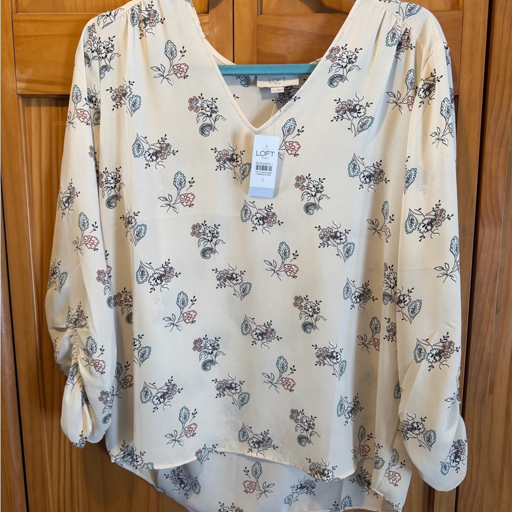 LOFT Cream Floral V-Neck Blouse with Subtle Sage and Rose Accents